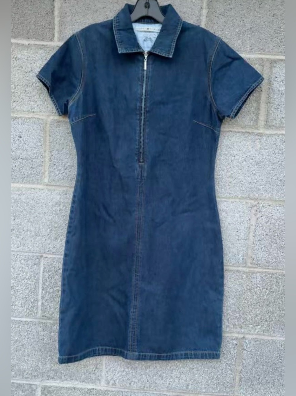 Vtg Y2K Tommy Hilfiger 1/4 Zip Dress Size 10 Denim A-Line Short Sleeve Dark Wash - Picture 1 of 10